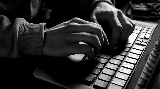 black-and-white-image-of-human-hands-typing-on-laptop-keyboard-at-desk-in-office-or-home-generative-ai-technology-photo.jpg